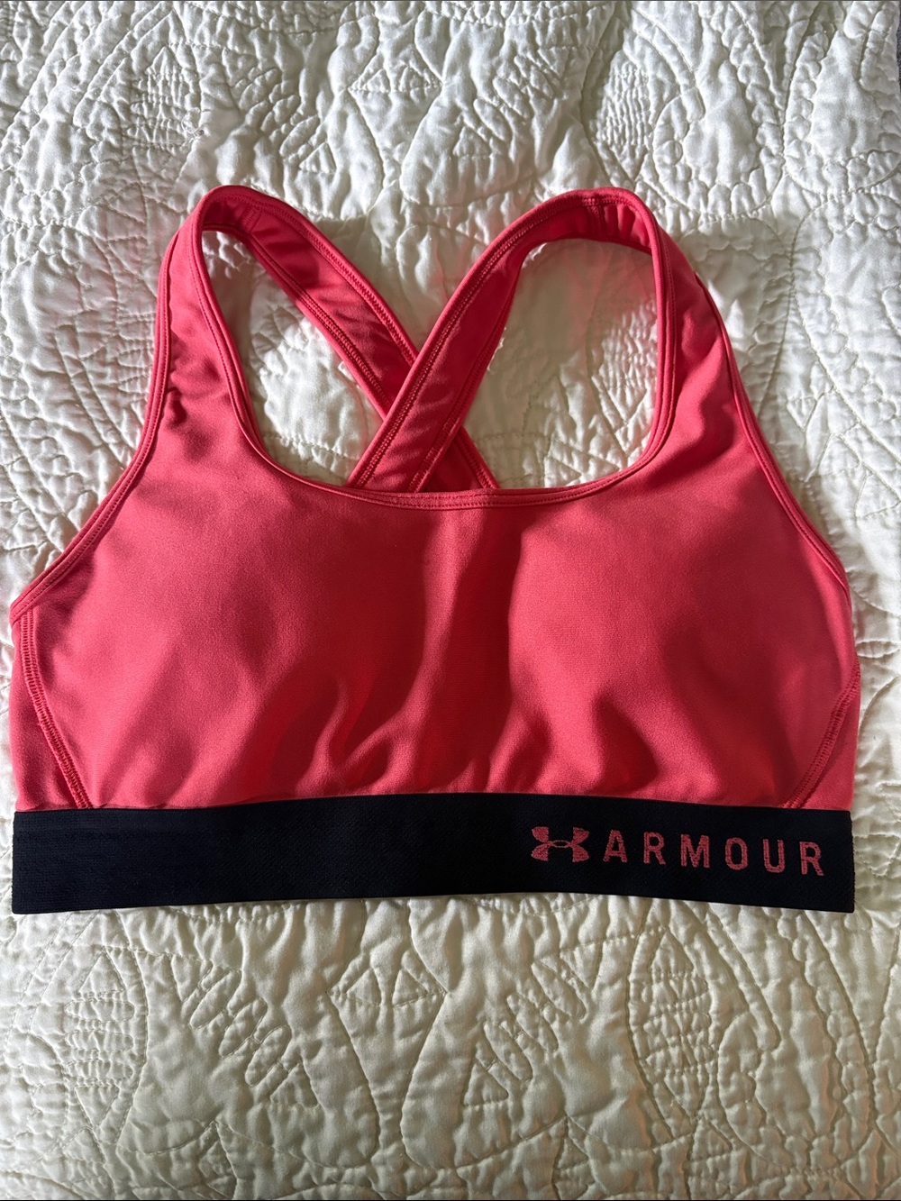 Under Armour Coral Pink Cross-Back Athletic Bra with Black Band